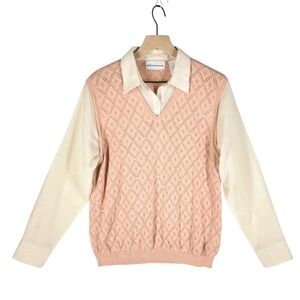 Alfred Dunner Pointelle Sweater Vest Top Women's M Pink Cream Sequin V-Neck